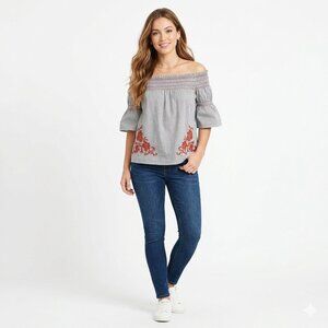 Sweet Wanderer Striped Off-the-Shoulder Embroidered Top Size Large Boho Coastal